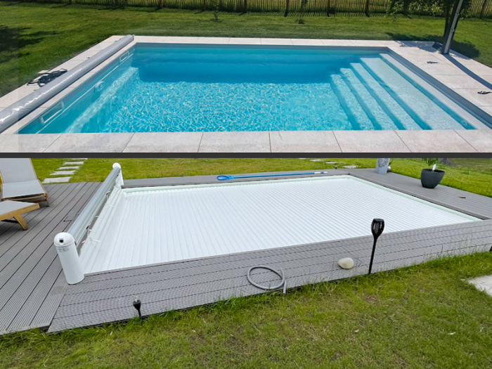 GFK Pool Orlando 6 mit Technik und Oberflur Rollladenabdeckung | 600x300x148cm